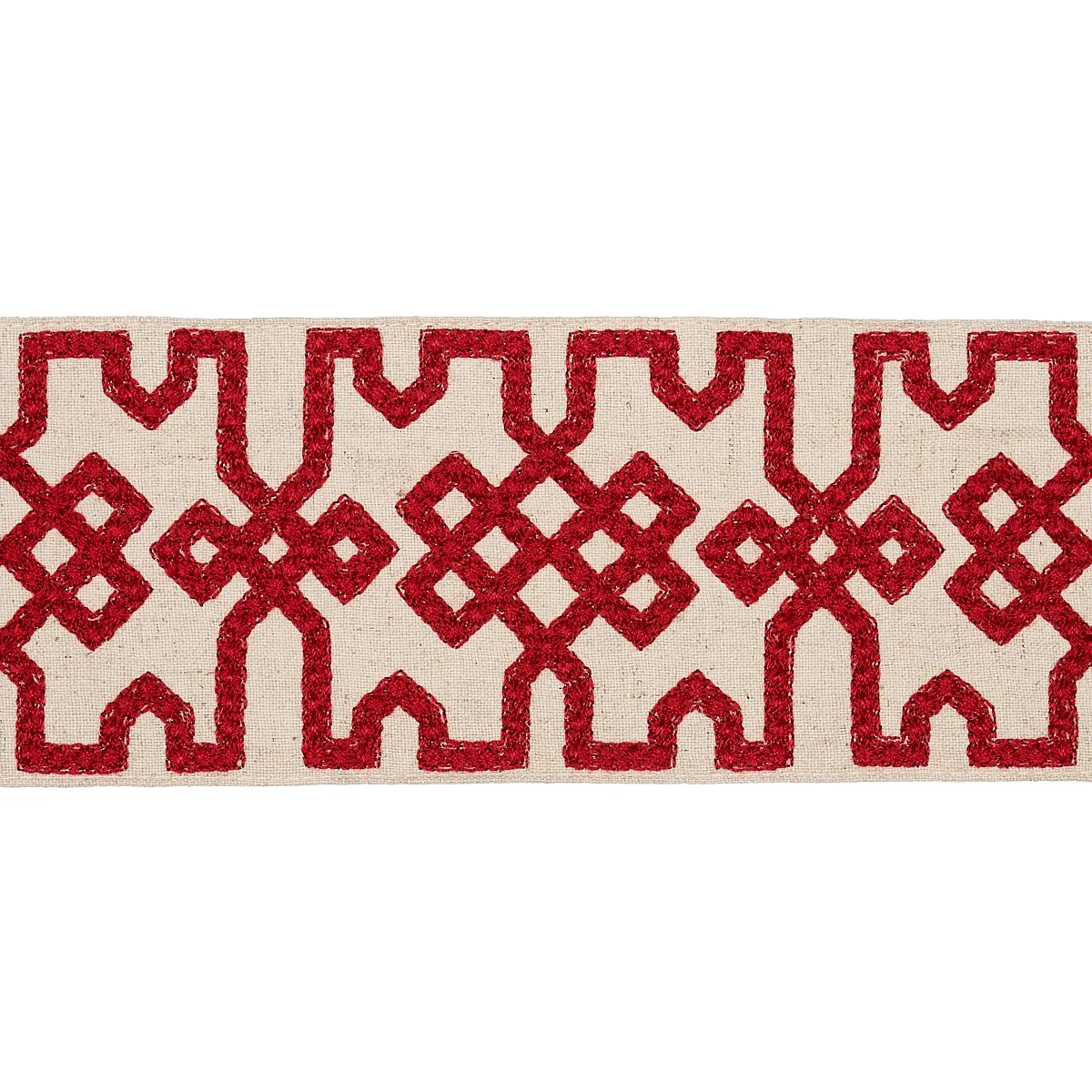 Schumacher Knotted Trellis Tape trim in Crimson on Unbleached (80881)