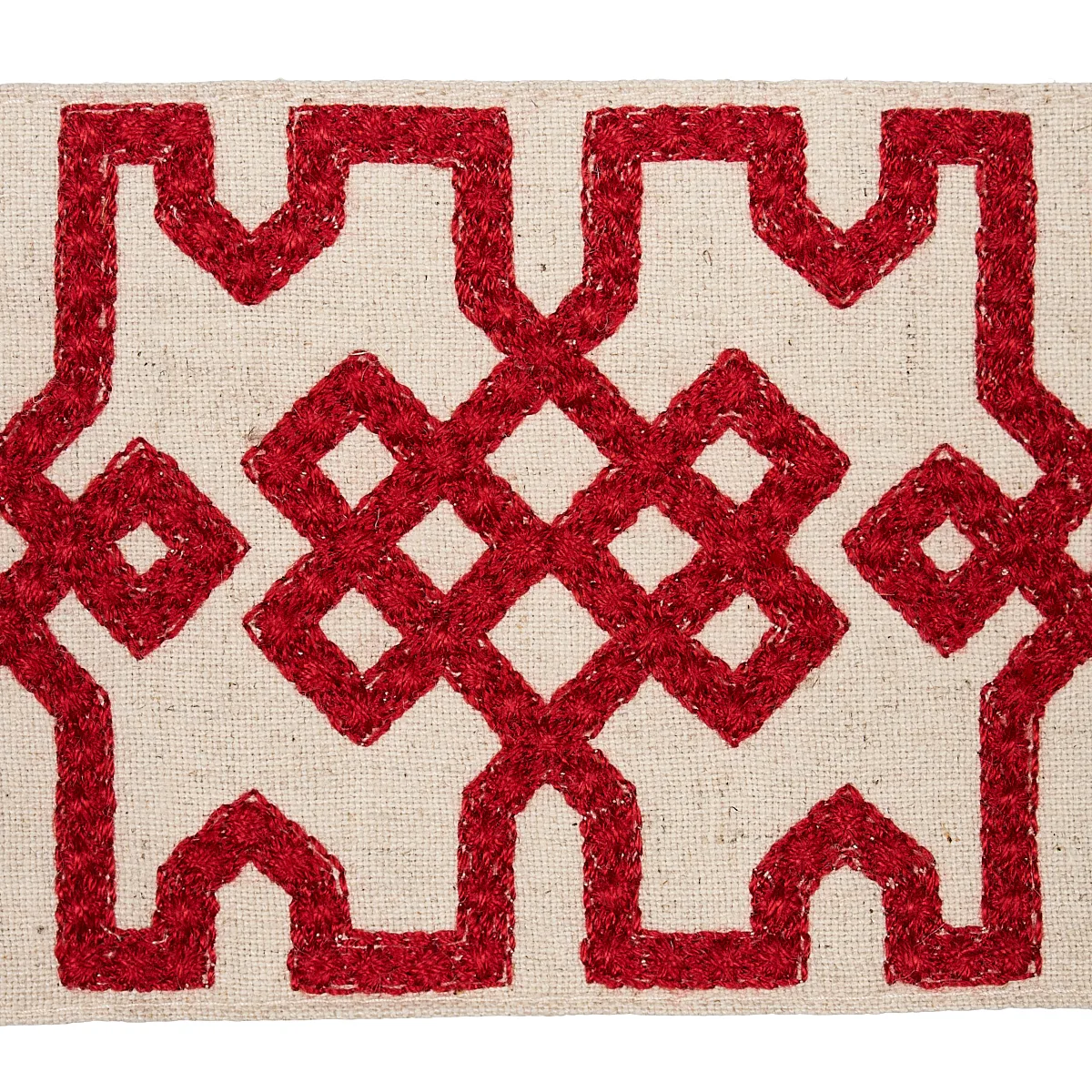 Schumacher Knotted Trellis Tape trim in Crimson on Unbleached (80881)