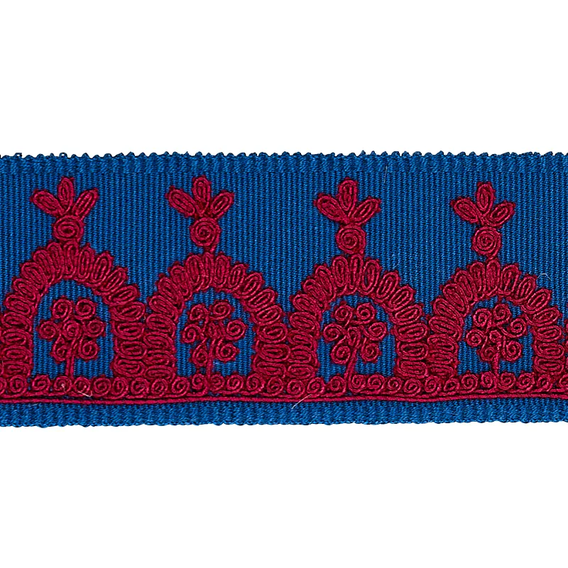 Schumacher Noelia Embroidered Tape trim in Red on Blue (74156)