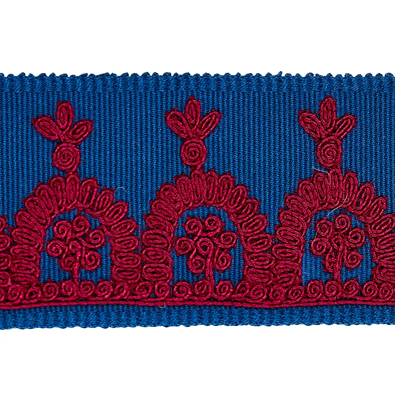 Schumacher Noelia Embroidered Tape trim in Red on Blue (74156)
