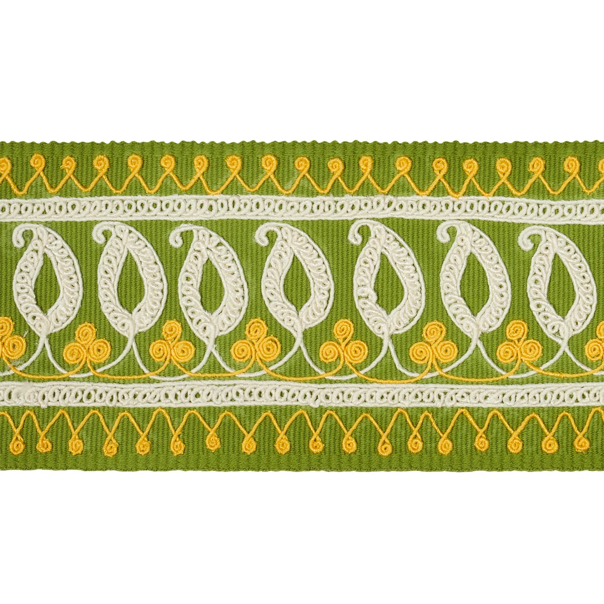 Schumacher Paisley Embroidered Tape trim in Green & Yellow (81232)