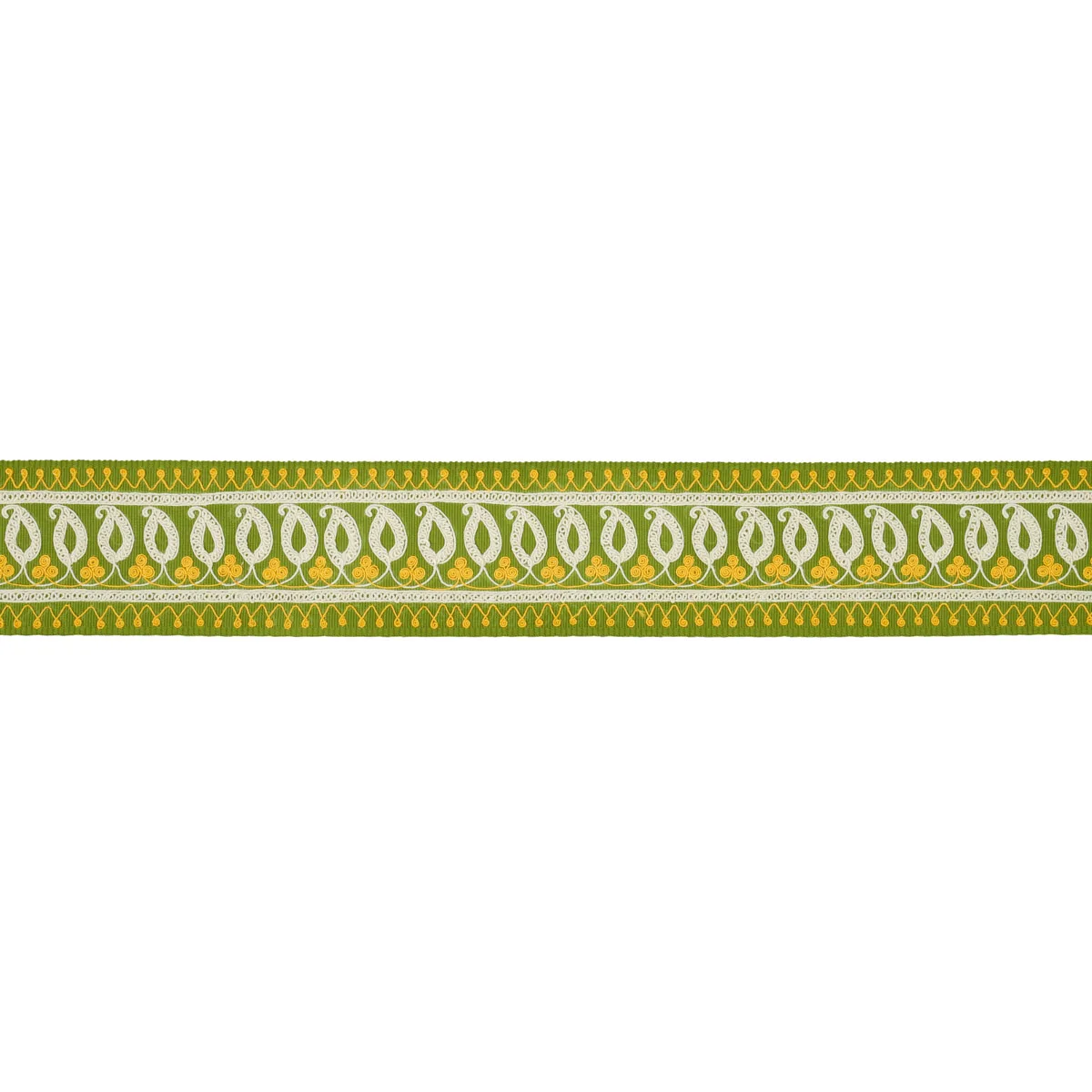 Schumacher Paisley Embroidered Tape trim in Green & Yellow (81232)