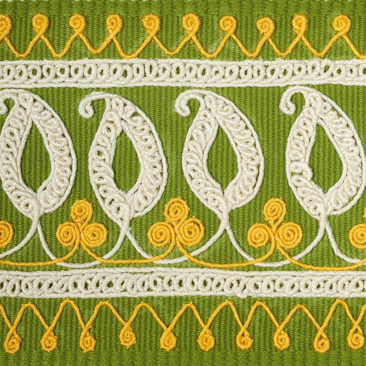 81232 | Paisley Embroidered Tape - Green & Yellow Schumacher Paisley Embroidered Tape trim in Green & Yellow (81232)