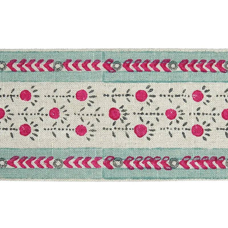 Schumacher Pica Bella Hand Blocked Tape trim in Magenta & Pistachio (79102)