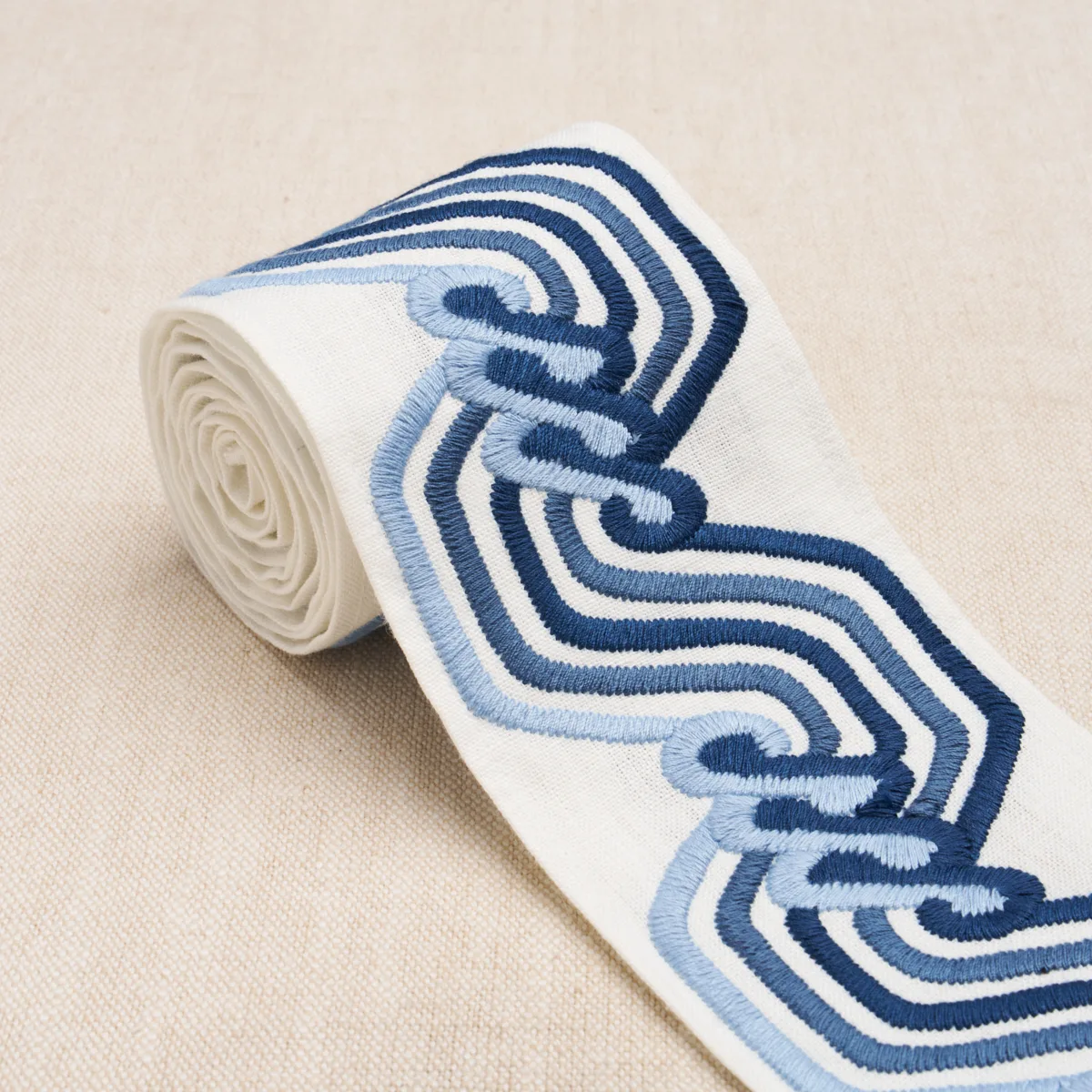83630 | The Twist Embroidered Tape - Blue Schumacher The Twist Embroidered Tape trim in Blue (83630)
