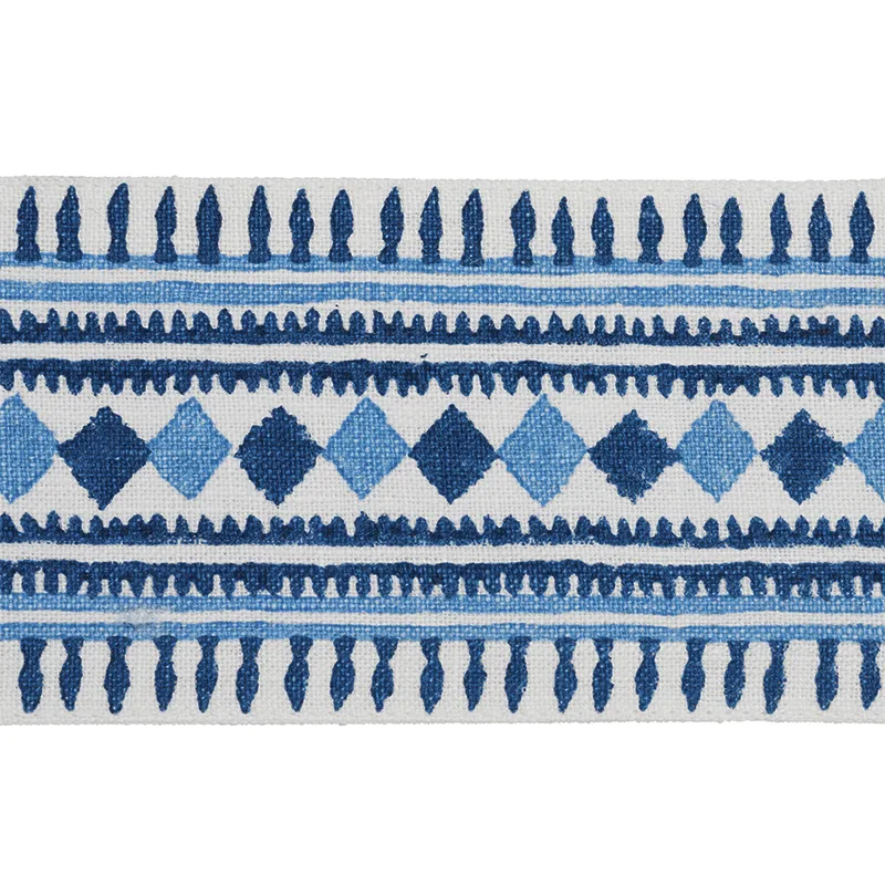 Schumacher Toula Hand Blocked Linen Tape trim in Blues (77330)