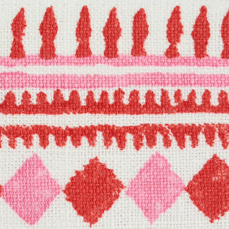 77331 | Toula Hand Blocked Linen Tape - Red & Pink Schumacher Toula Hand Blocked Linen Tape trim in Red & Pink (77331)
