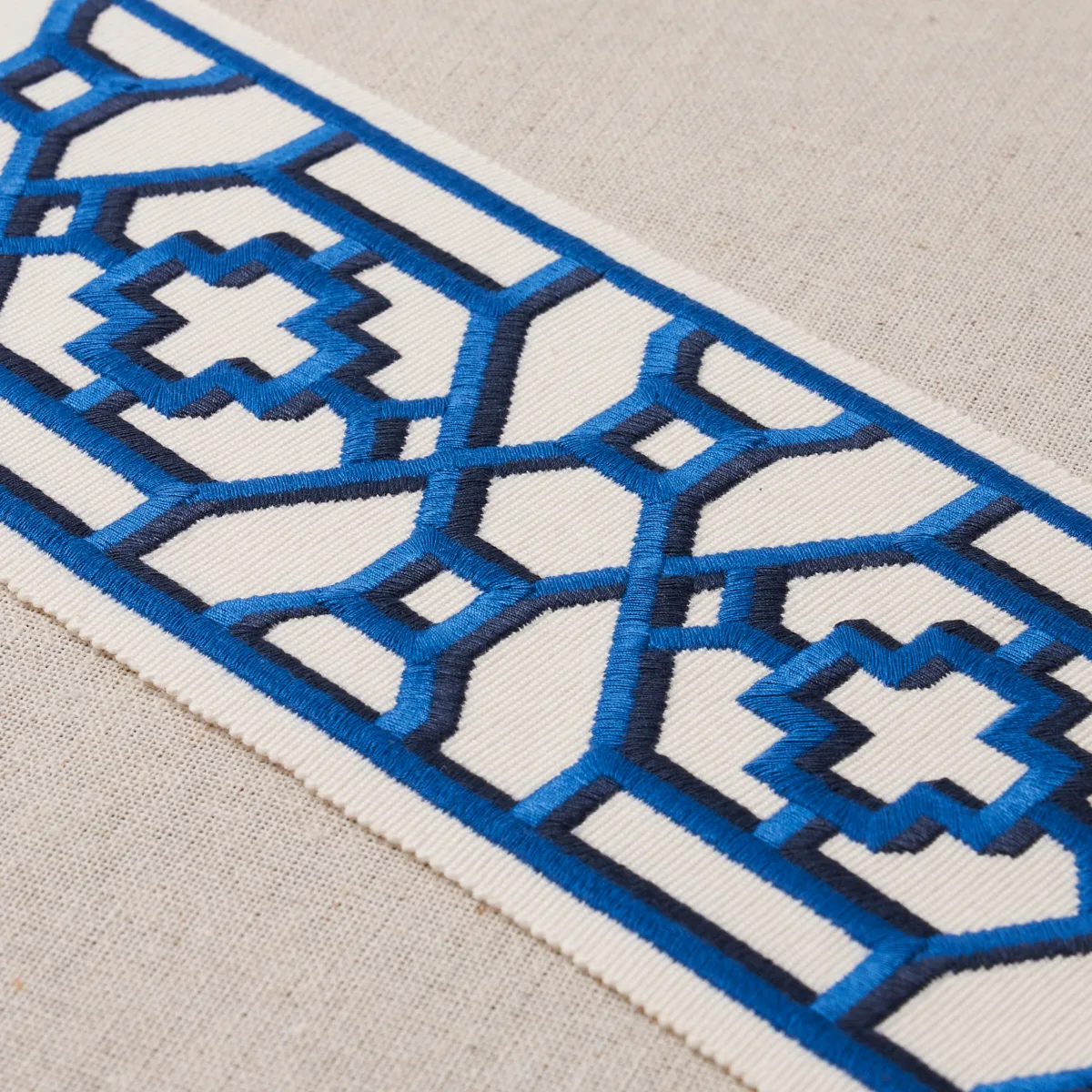 81280 | Zanzibar Trellis Tape - Blue Schumacher Zanzibar Trellis Tape trim in Blue (81280)