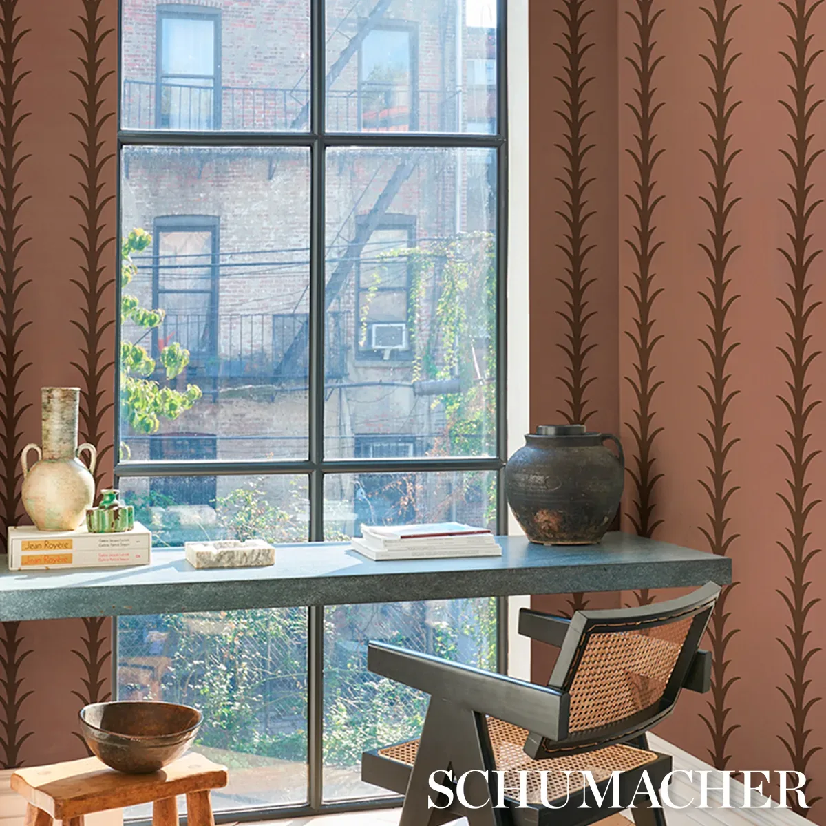 ACANTHUS STRIPE BROWN ON ROSEWOOD Schumacher Wallpaper wallpaper - SKU 5014778