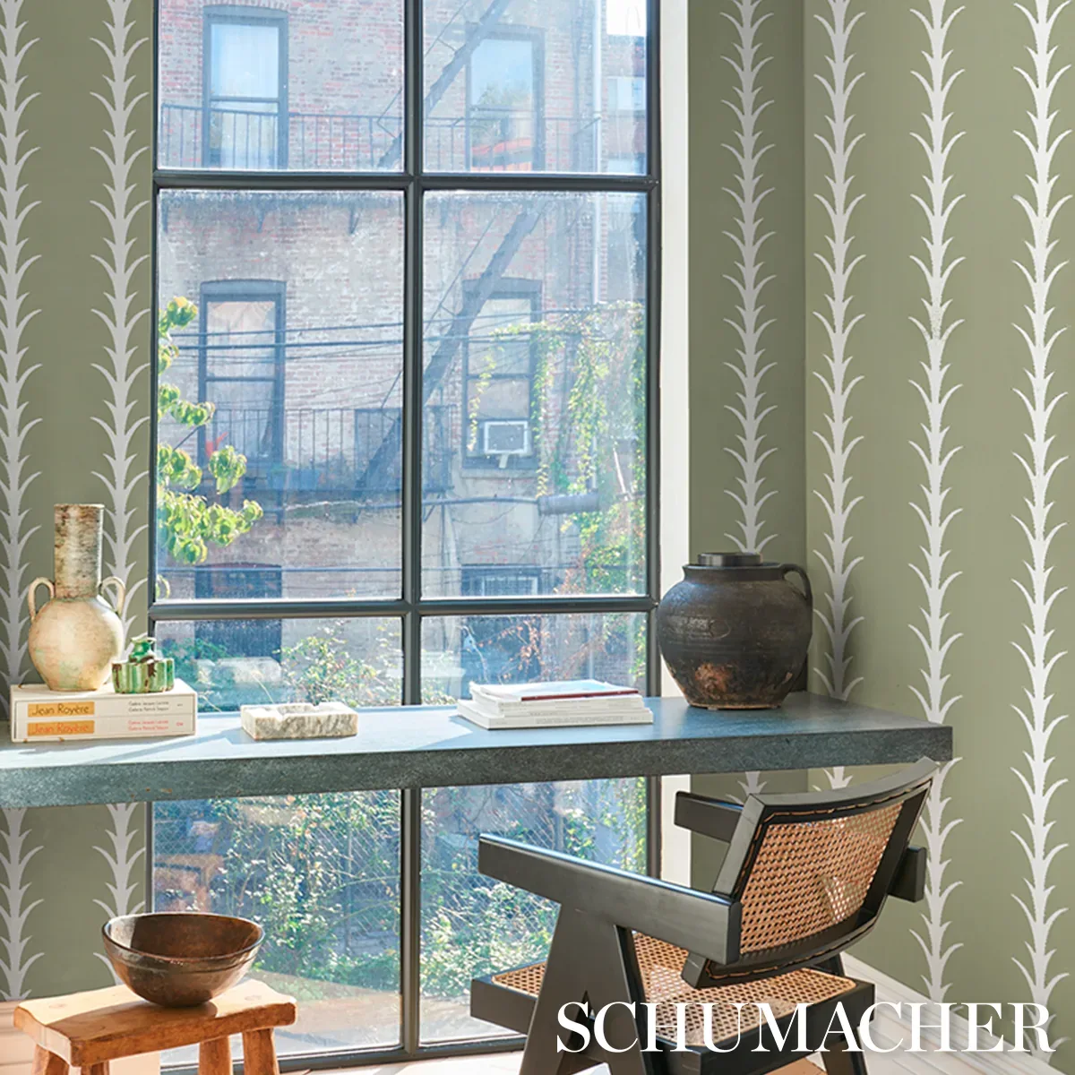 ACANTHUS STRIPE METALLIC ON SAGE Schumacher Wallpaper wallpaper - SKU 5014776