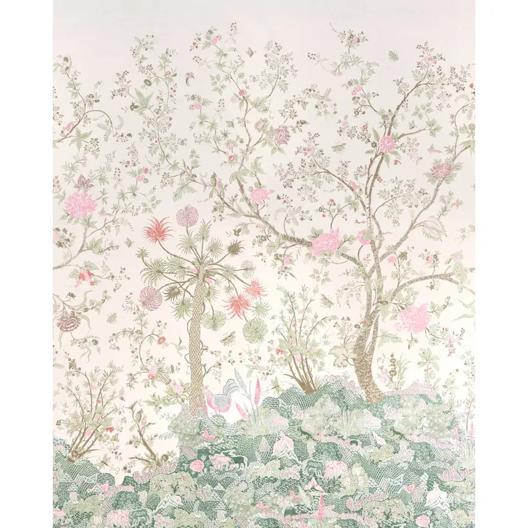 Schumacher AMALTAS PANEL SET wallpaper, color GREEN & PINK, SKU 5012333