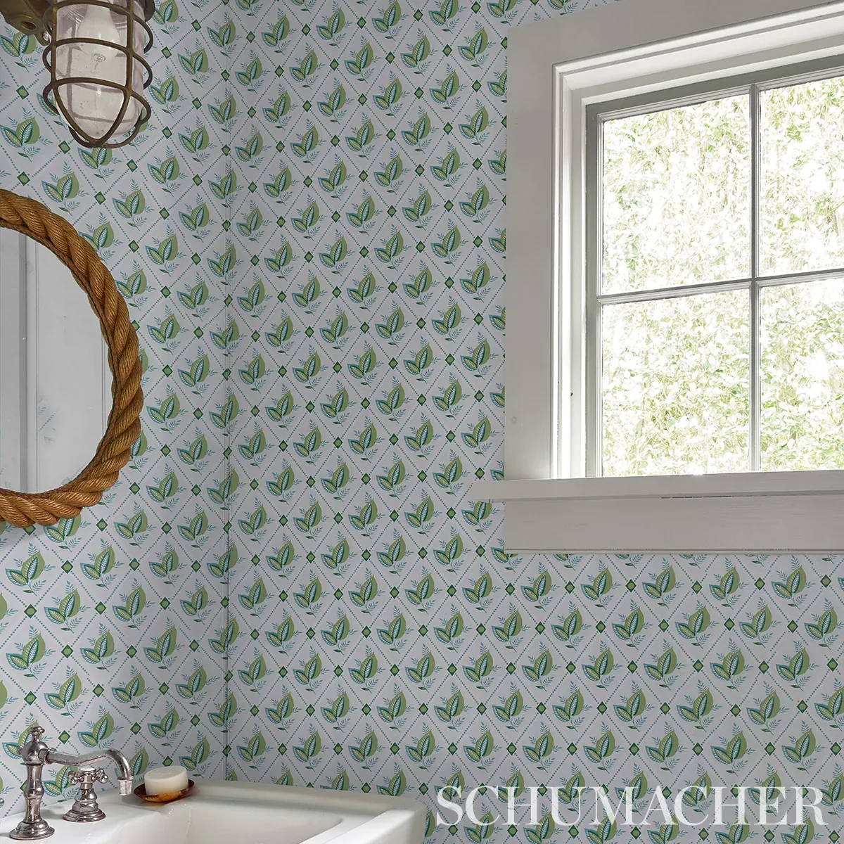 BASILE TRELLIS - LEAF & AQUA Schumacher Wallpaper | Wallpape BASILE TRELLIS LEAF & AQUA Schumacher Wallpaper wallpaper - SKU 5014231