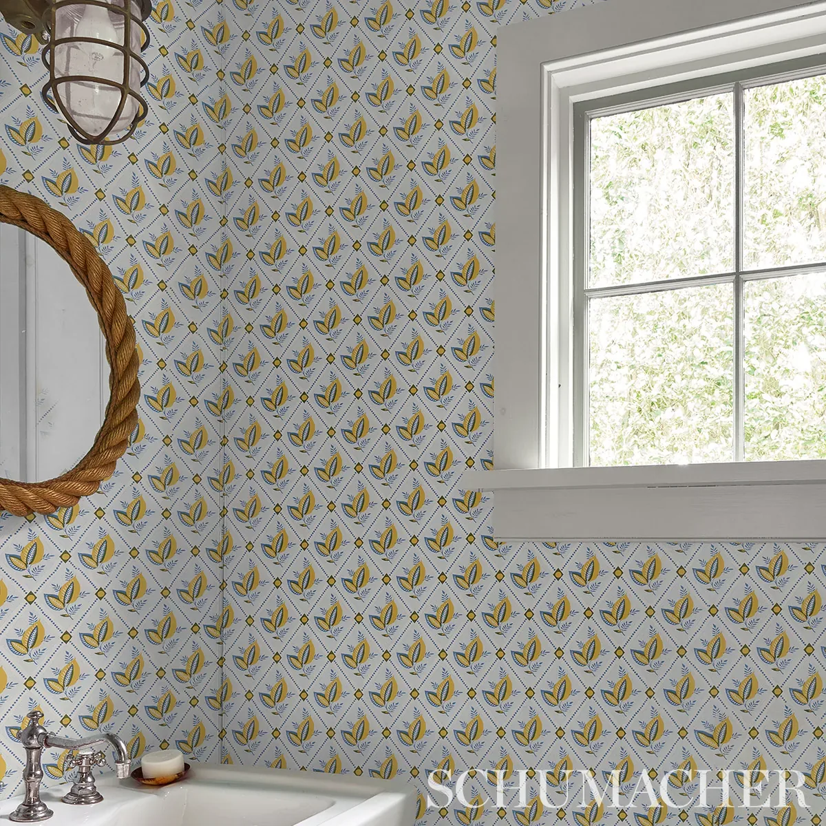 BASILE TRELLIS - YELLOW & BLUE Schumacher Wallpaper | Wallpa BASILE TRELLIS YELLOW & BLUE Schumacher Wallpaper wallpaper - SKU 5014230