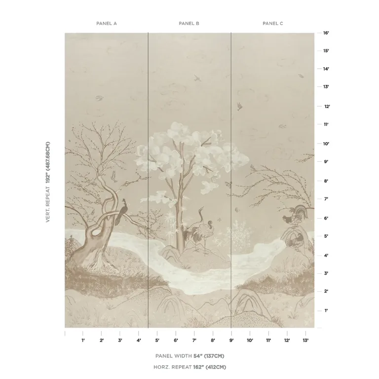 Schumacher BIRDSONG 3 PANEL SET wallpaper, color IVORY, SKU 5017111