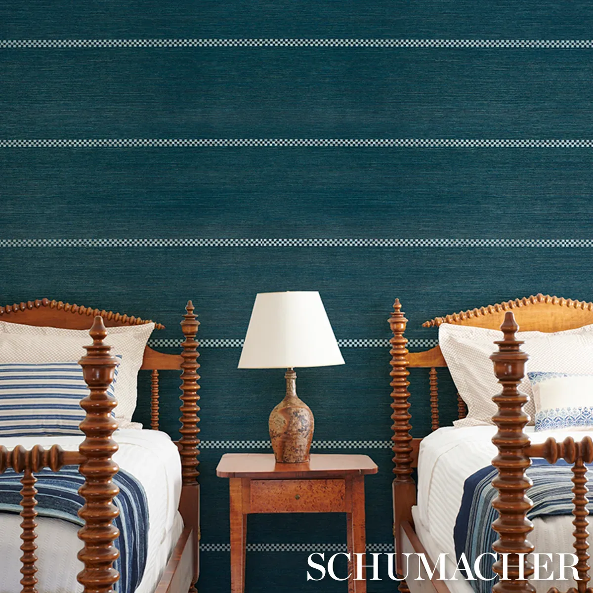 CHECKERED STRIPE SISAL PEACOCK Schumacher Wallpaper wallpaper - SKU 5016752