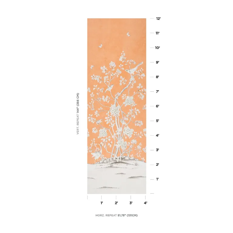 Schumacher CHINOIS PALAIS PANEL wallpaper, color TANGERINE, SKU 5007124