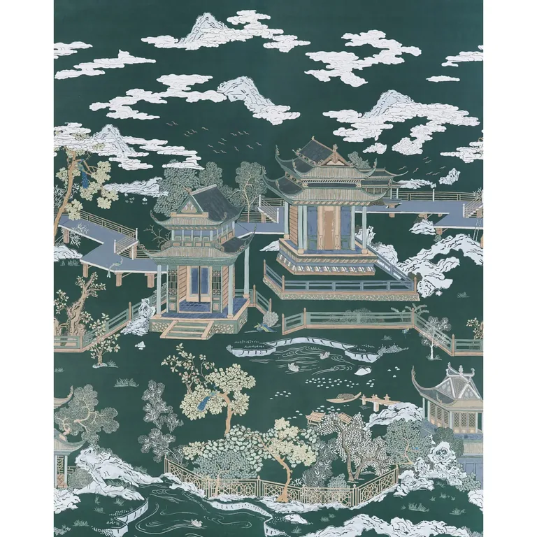 Schumacher COROMANDEL PANEL SET wallpaper, color MIDNIGHT GREEN, SKU 5014162