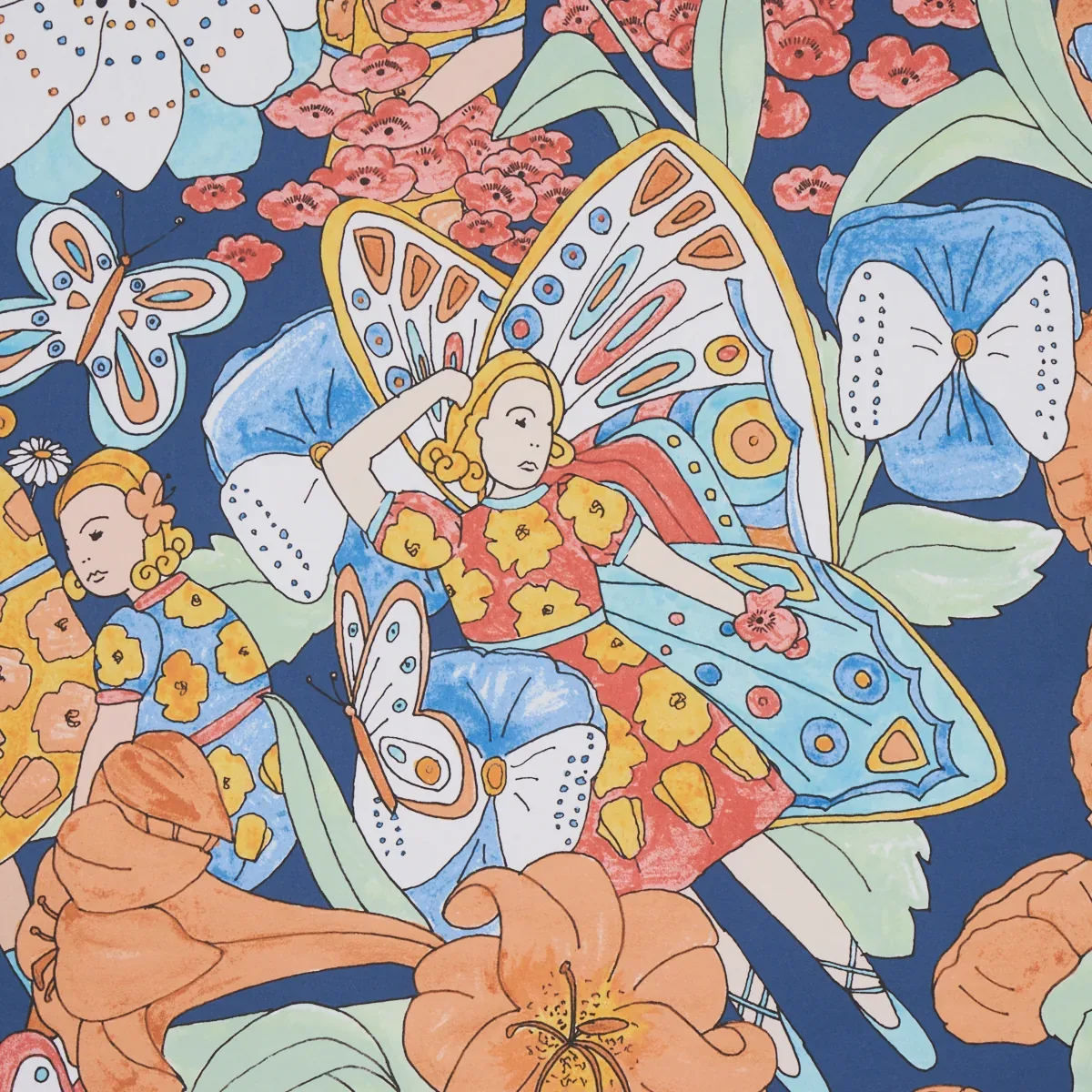 FAIRIE GARDEN - ORANGE AND NAVY Schumacher Wallpaper | Wallp FAIRIE GARDEN ORANGE AND NAVY Schumacher Wallpaper wallpaper - SKU 5013540