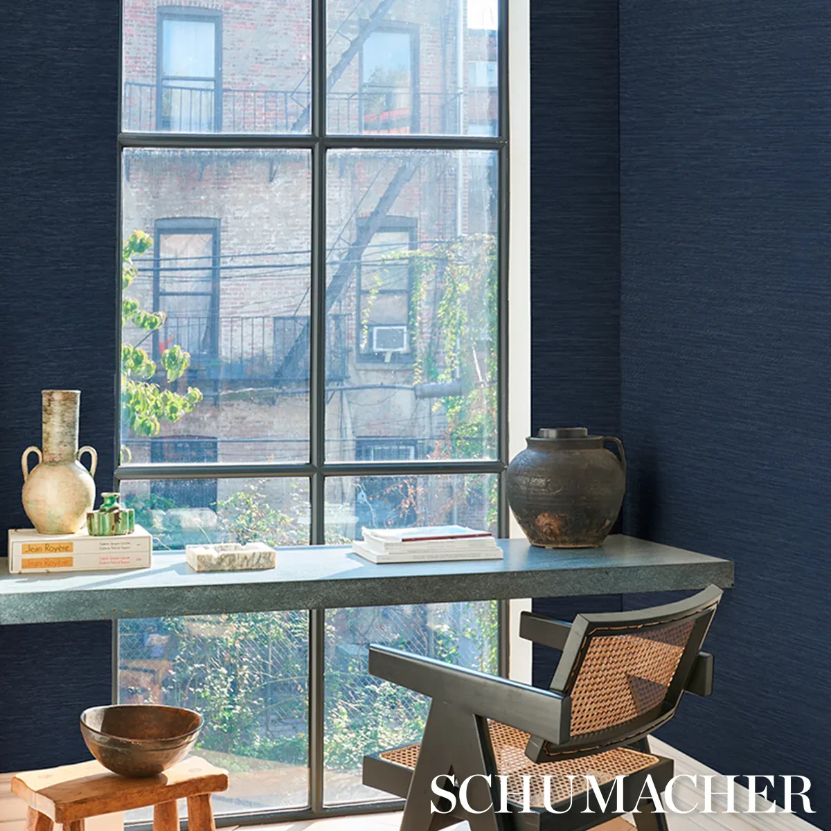 HORIZON GRASSCLOTH VINYL - INDIGO Schumacher Wallpaper | Wal HORIZON GRASSCLOTH VINYL INDIGO Schumacher Wallpaper wallpaper - SKU 5017277