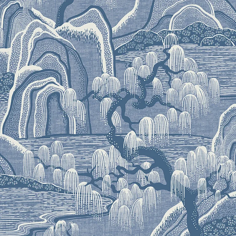 Schumacher INDIGO GARDEN wallpaper, color BLUE AND WHITE, SKU 6147
