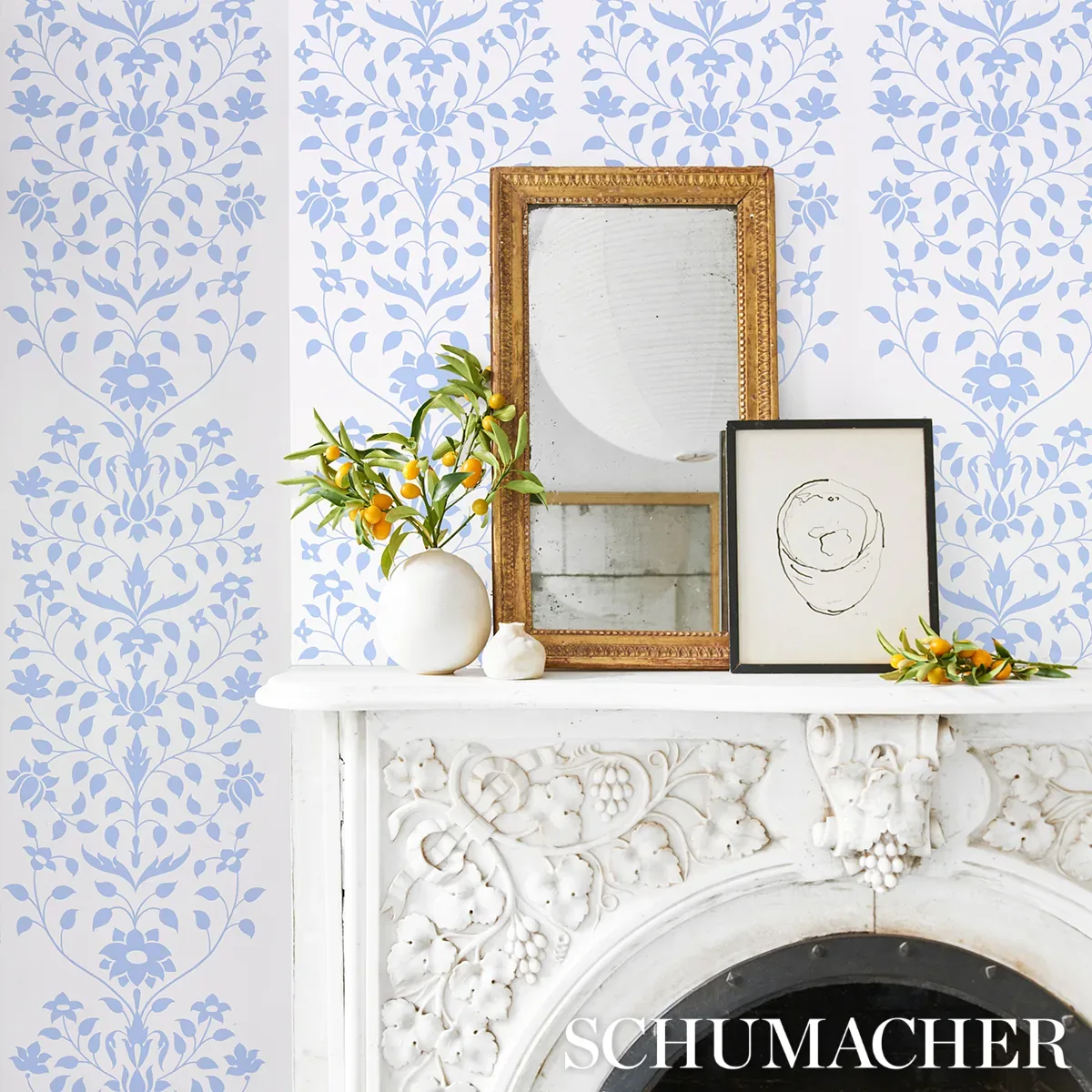 JAIPUR MUGHAL FLOWER - BLUE Schumacher Wallpaper | Wallpaper JAIPUR MUGHAL FLOWER BLUE Schumacher Wallpaper wallpaper - SKU 5014460