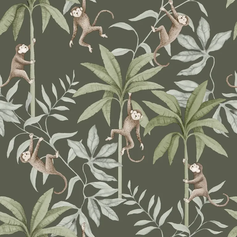 Schumacher JUNGLE FRIENDS wallpaper, color PEWTER GREEN, SKU 6935