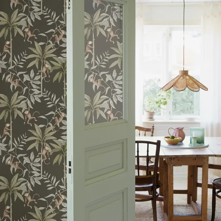 Schumacher JUNGLE FRIENDS wallpaper, color PEWTER GREEN, SKU 6935