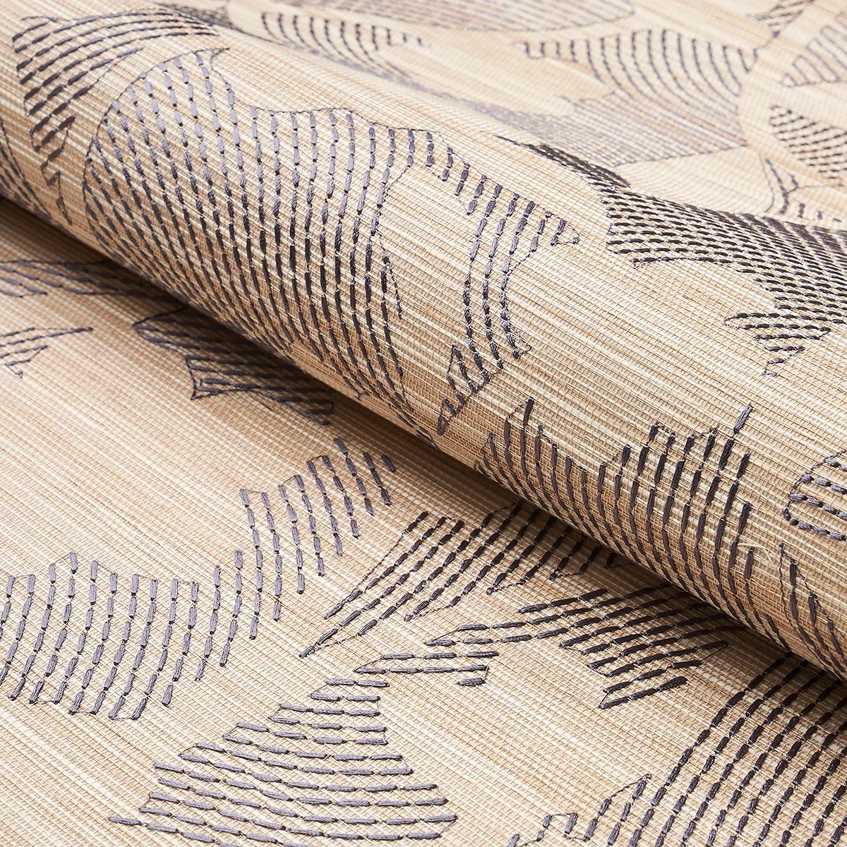 KANTHA EMBROIDERED FLOWER SISAL - CARBON Schumacher Wallpape KANTHA EMBROIDERED FLOWER SISAL CARBON Schumacher Wallpaper wallpaper - SKU 5015180