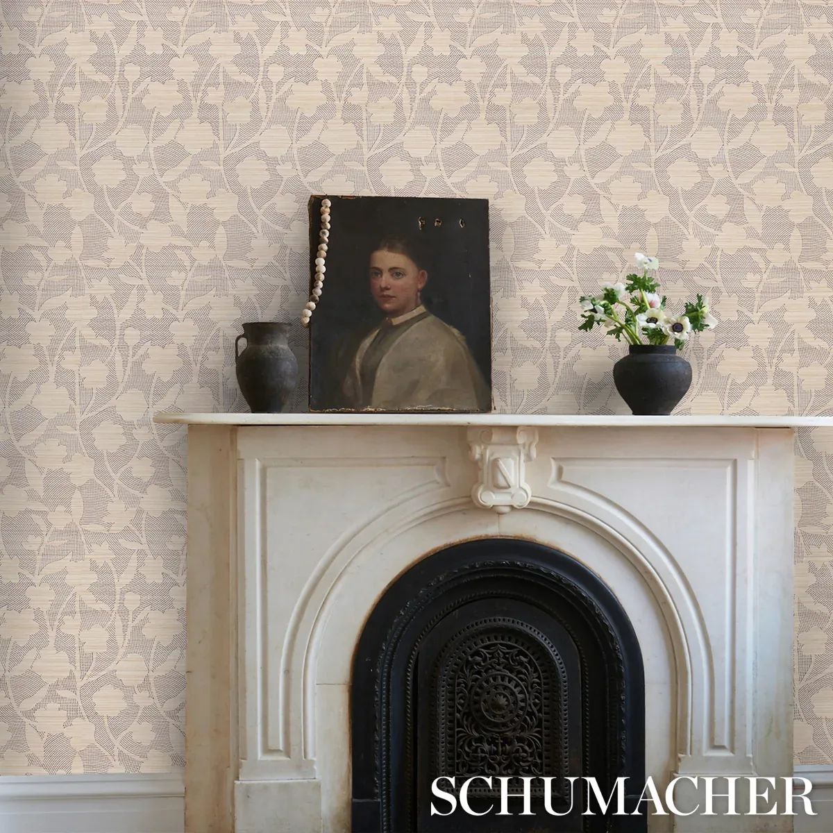 KANTHA EMBROIDERED FLOWER SISAL - CARBON Schumacher Wallpape KANTHA EMBROIDERED FLOWER SISAL CARBON Schumacher Wallpaper wallpaper - SKU 5015180