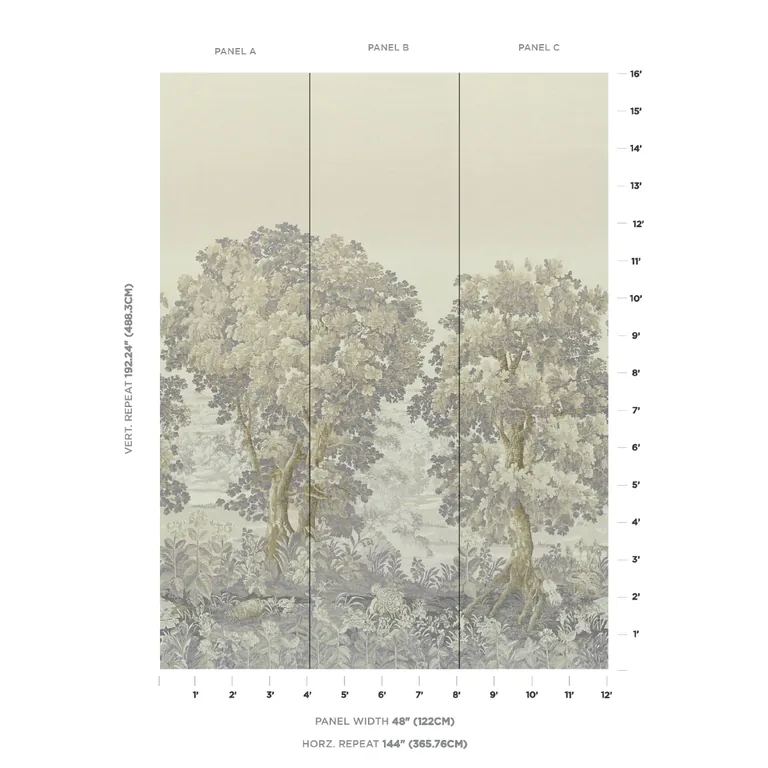 Schumacher LA FORÊT 3 PANEL SET wallpaper, color OYSTER FOREST, SKU 5016823