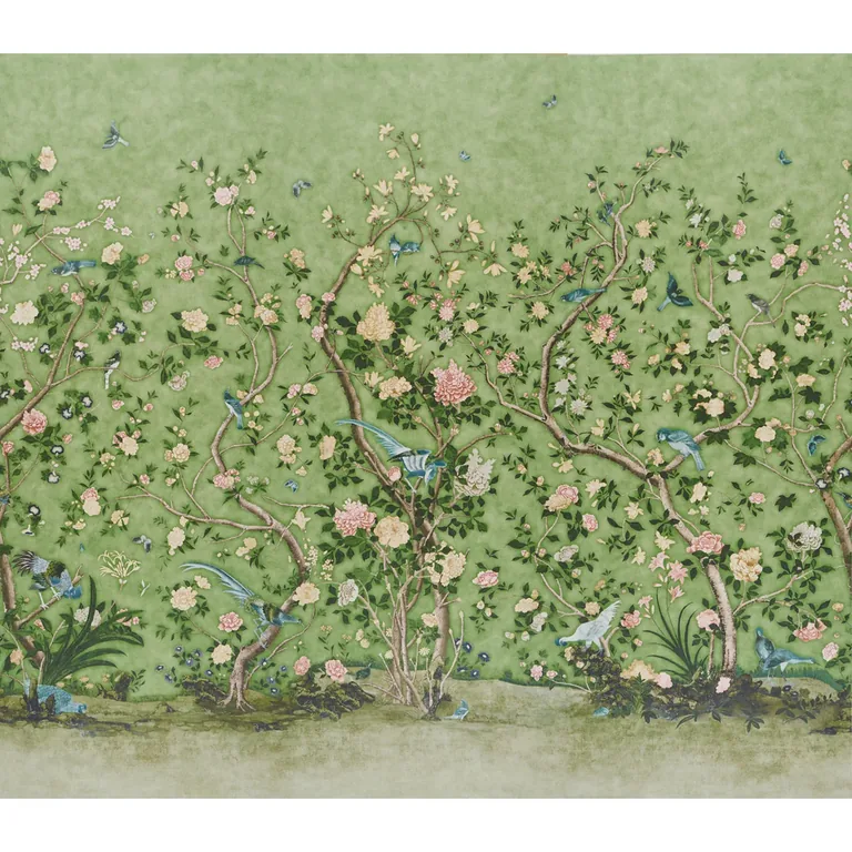 Schumacher LES OISEAUX PANEL SET wallpaper, color APPLE GREEN, SKU 5015153