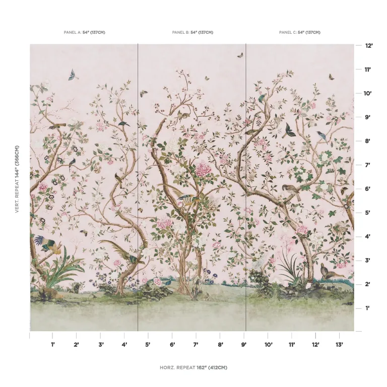 Schumacher LES OISEAUX PANEL SET wallpaper, color BLUSH, SKU 5015154