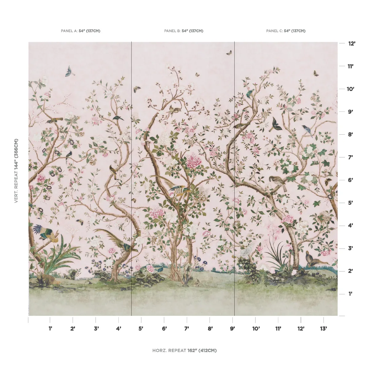 LES OISEAUX PANEL SET - BLUSH Schumacher Wallpaper | Wallpap LES OISEAUX PANEL SET BLUSH Schumacher Wallpaper wallpaper - SKU 5015154