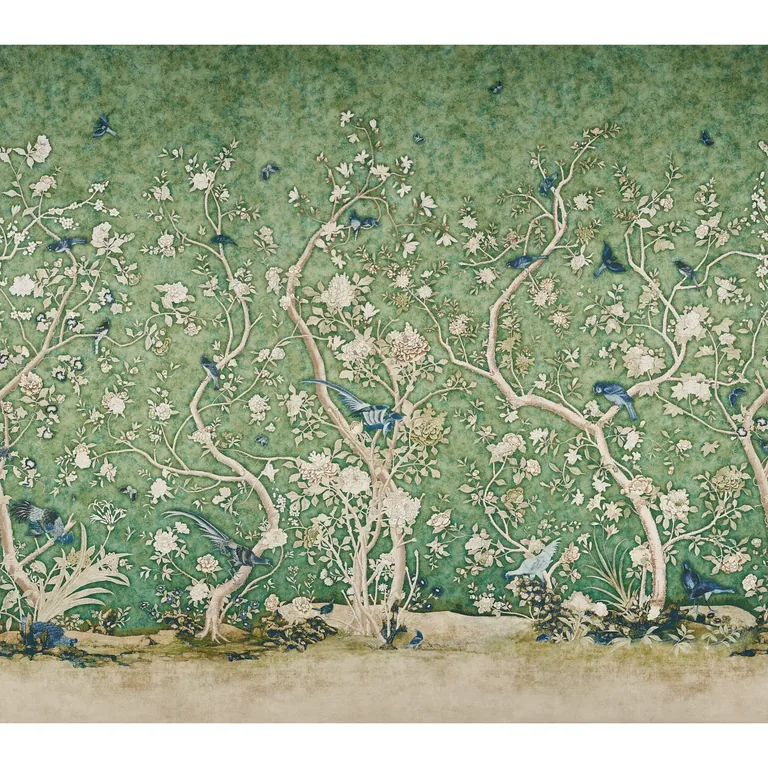 Schumacher LES OISEAUX PANEL SET wallpaper, color JADE, SKU 5015152