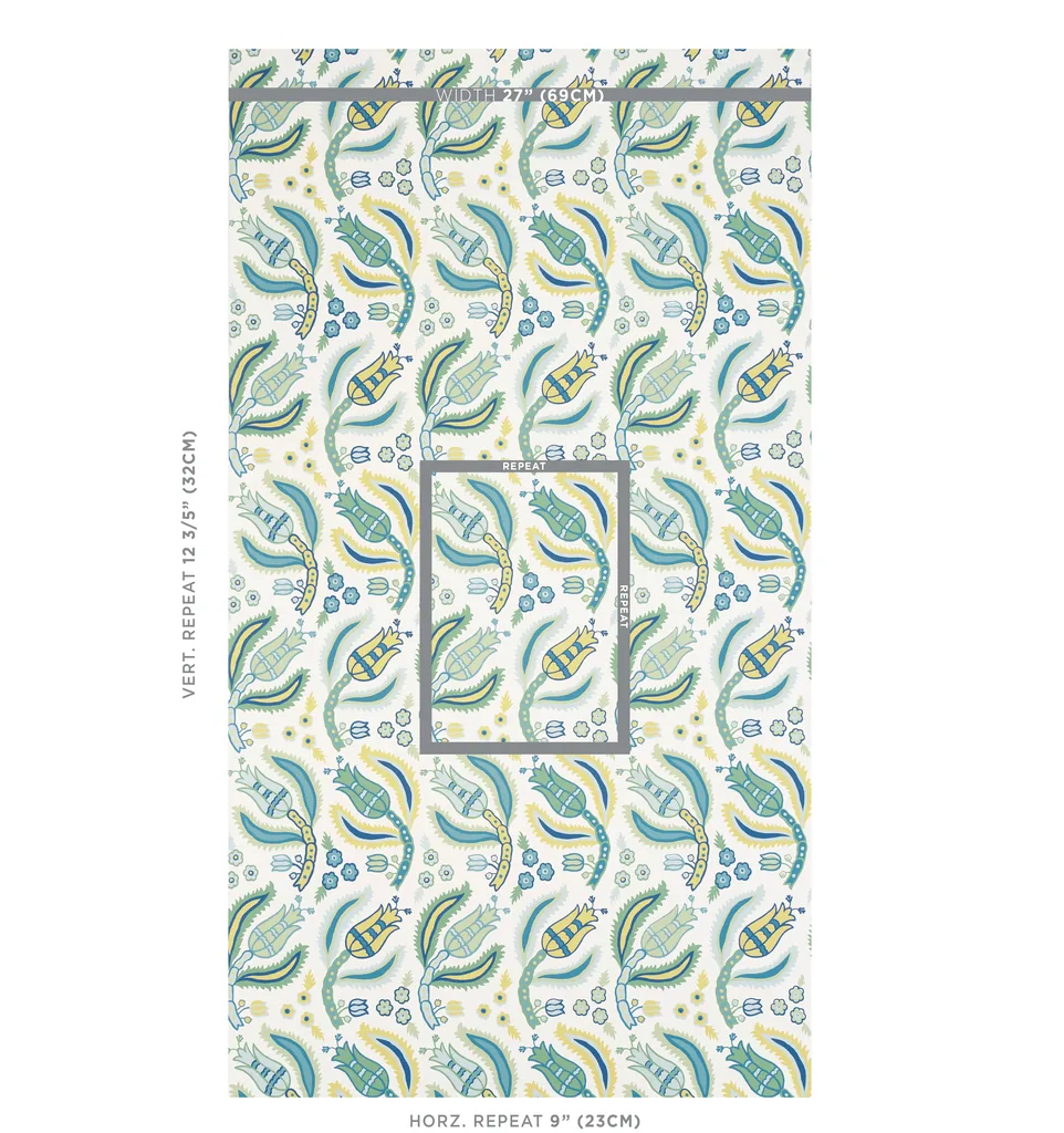 Schumacher MALABAR VINE wallpaper, color PEACOCK, SKU 5012340