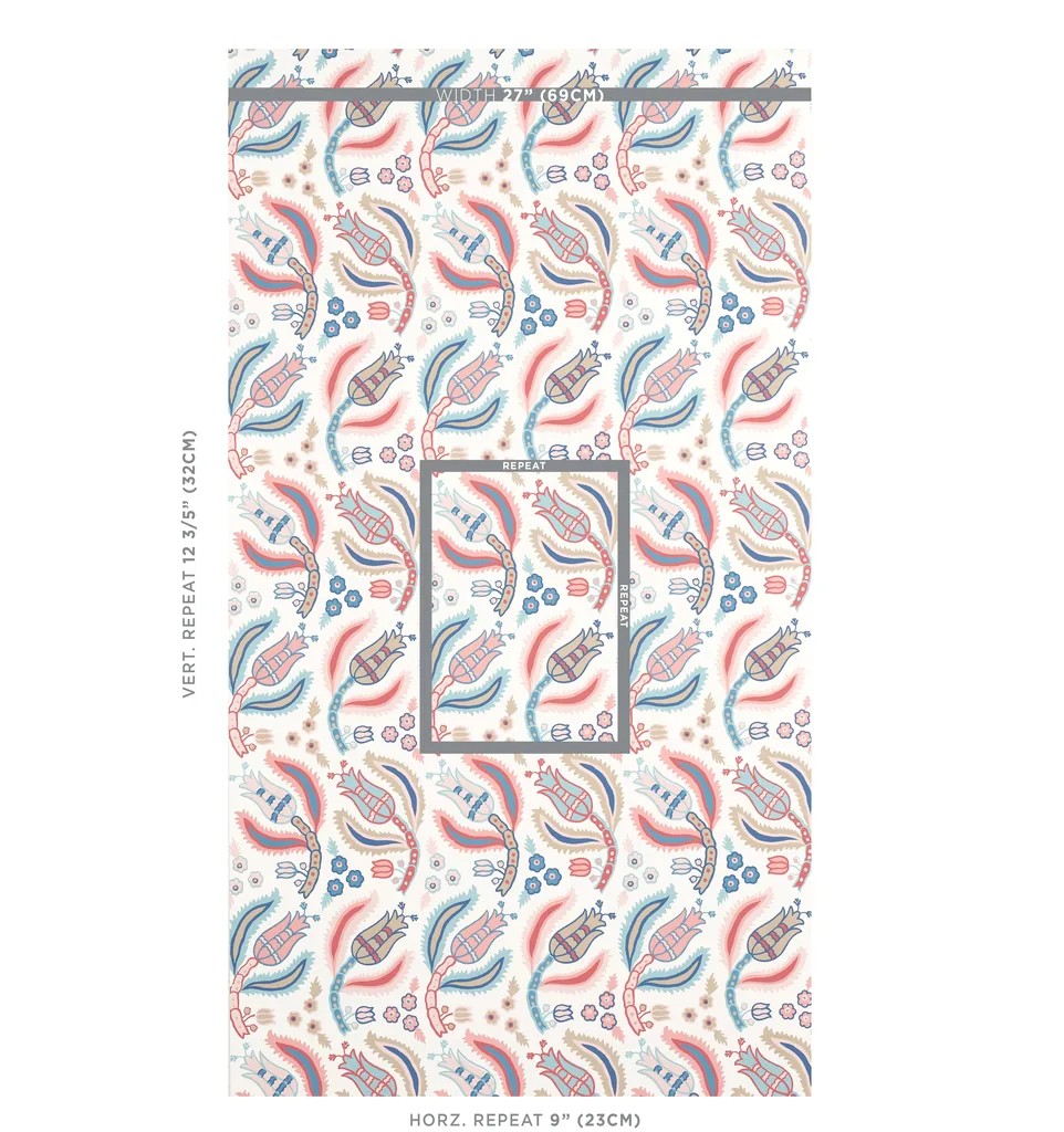 Schumacher MALABAR VINE wallpaper, color ROSE & DELFT, SKU 5012341