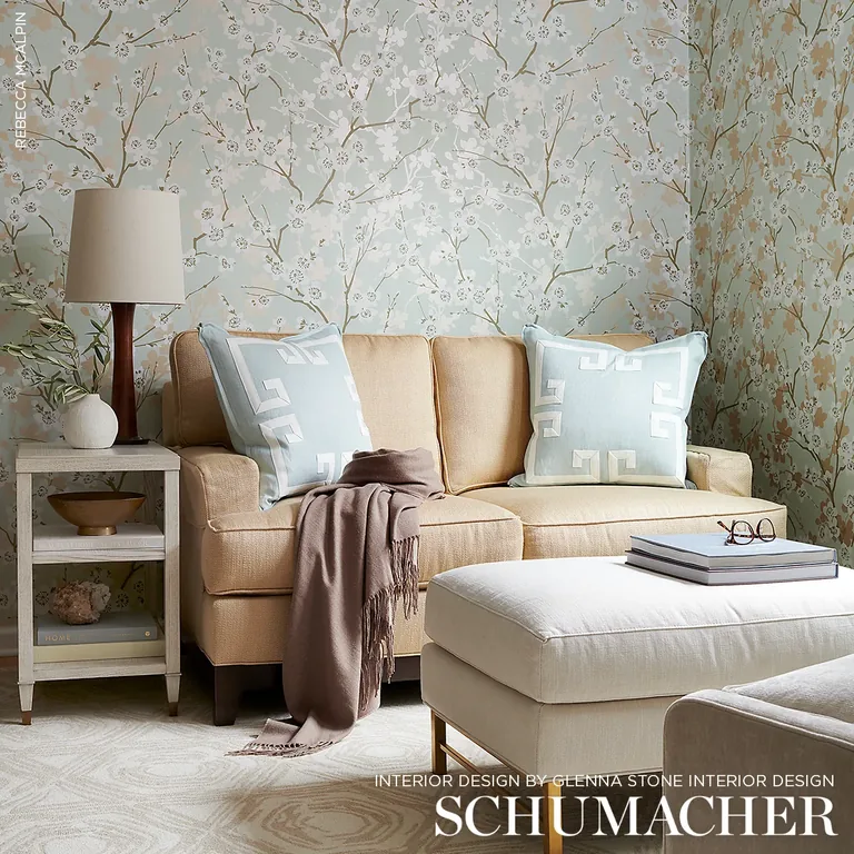 Schumacher MING CHERRY BLOSSOM wallpaper, color AQUA, SKU 5001070