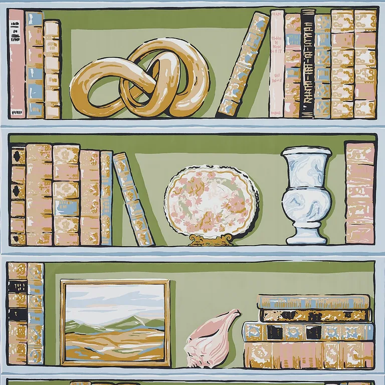 Schumacher NATALIE’S LIBRARY wallpaper, color CELADON, SKU 5014730