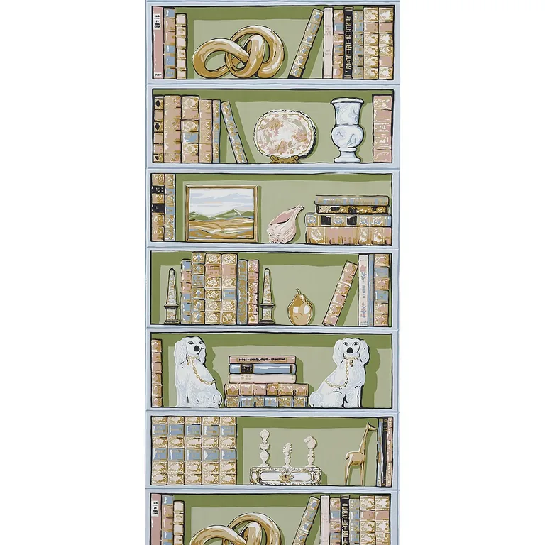 Schumacher NATALIE’S LIBRARY wallpaper, color CELADON, SKU 5014730