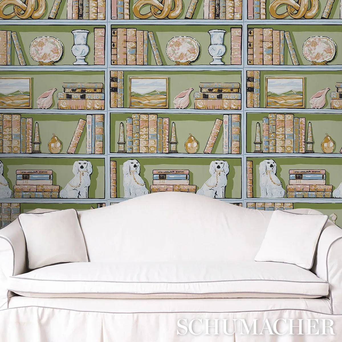 Schumacher NATALIE’S LIBRARY - CELADON Wallpaper | Buy Online Schumacher NATALIE’S LIBRARY wallpaper, color CELADON, SKU 5014730