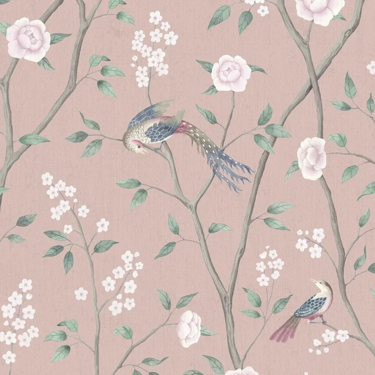 Schumacher PARADISE BIRDS wallpaper, color BLUSH SHIMMER, SKU 1901