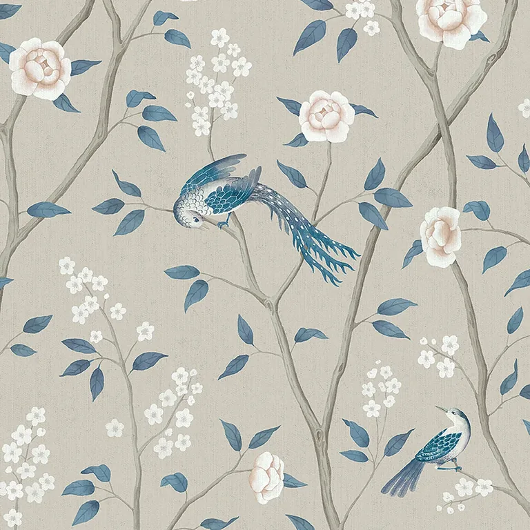 Schumacher PARADISE BIRDS wallpaper, color TURQUOISE SHIMMER, SKU 6143