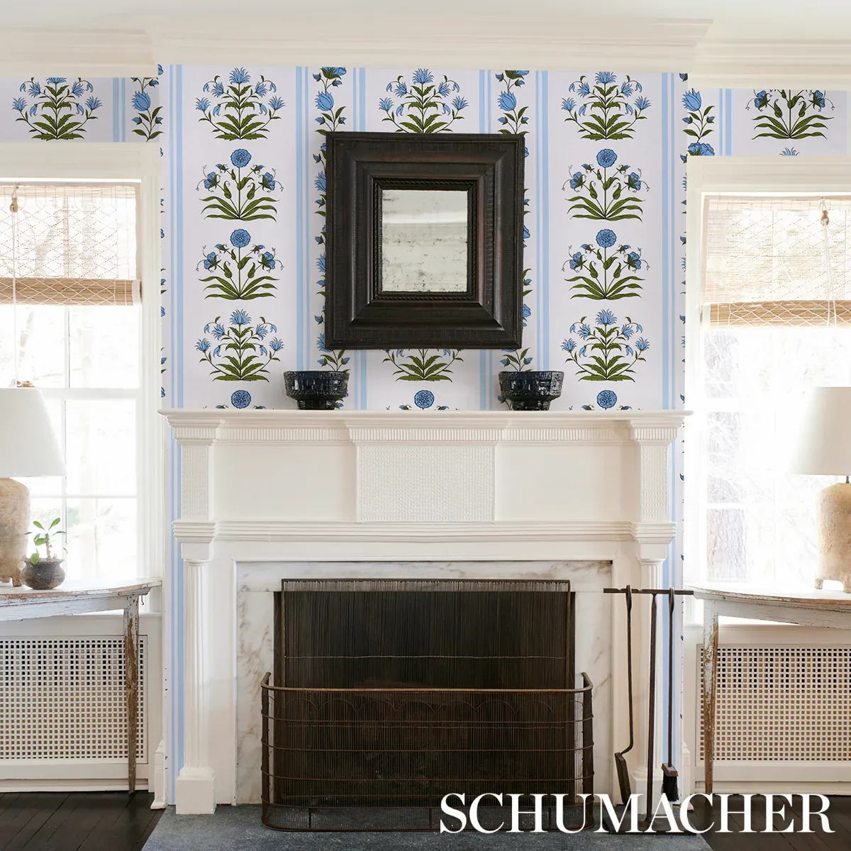 POPPY STRIPES - BLUE Schumacher Wallpaper | Wallpaper Twins POPPY STRIPES BLUE Schumacher Wallpaper wallpaper - SKU 5014451