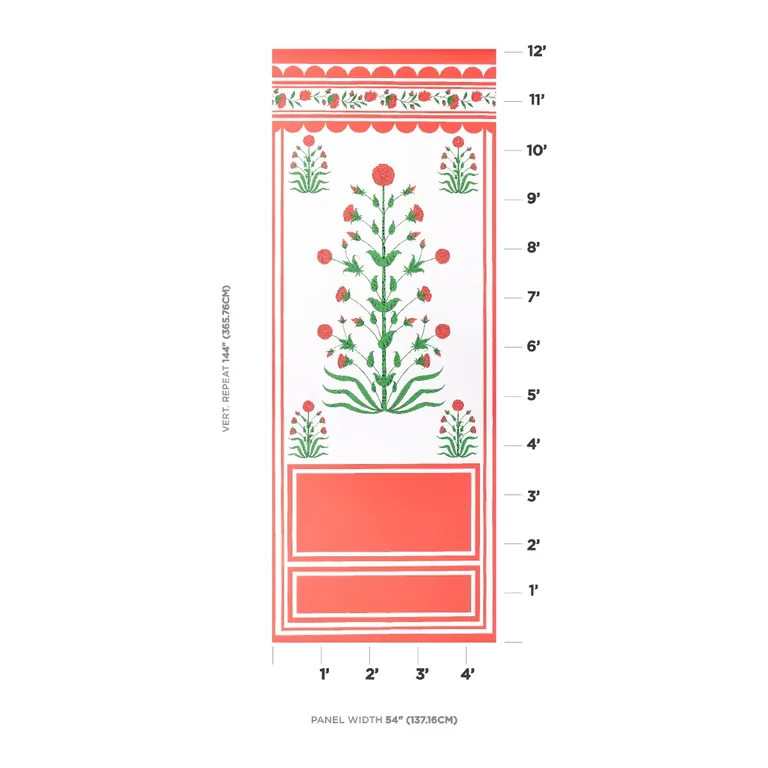 Schumacher ROYAL POPPY PANEL A wallpaper, color RED, SKU 5014430