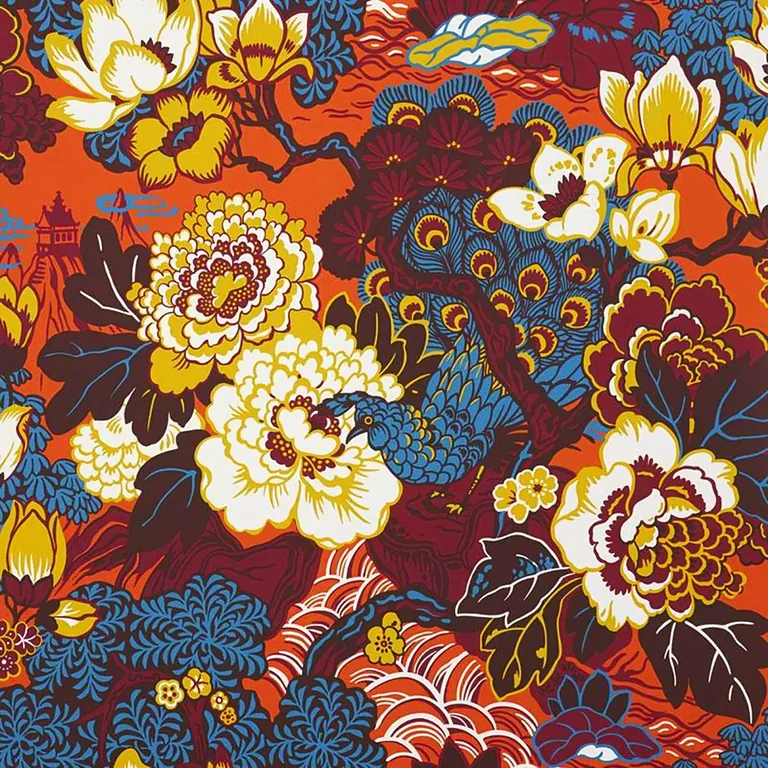 Schumacher SHANGHAI PEACOCK wallpaper, color CINNABAR, SKU 5006992