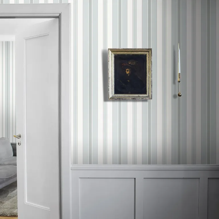 Schumacher STOCKHOLM STRIPE wallpaper, color SKY AND SILVER, SKU 6878
