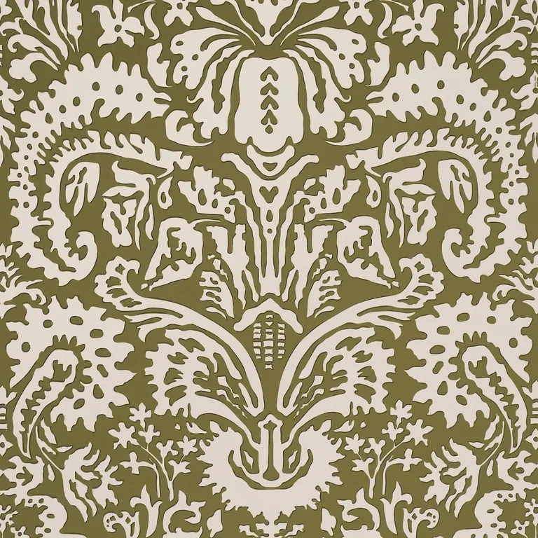 Schumacher SUFFOLK DAMASK wallpaper, color OLIVE, SKU 5016242