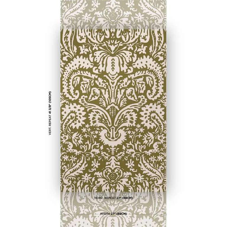 Schumacher SUFFOLK DAMASK wallpaper, color OLIVE, SKU 5016242