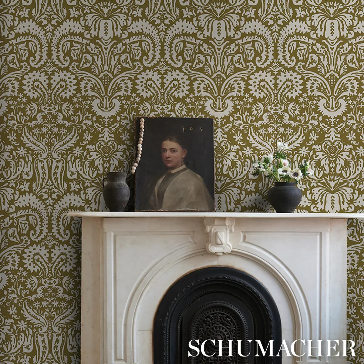 SUFFOLK DAMASK - OLIVE Schumacher Wallpaper | Wallpaper Twin SUFFOLK DAMASK OLIVE Schumacher Wallpaper wallpaper - SKU 5016242