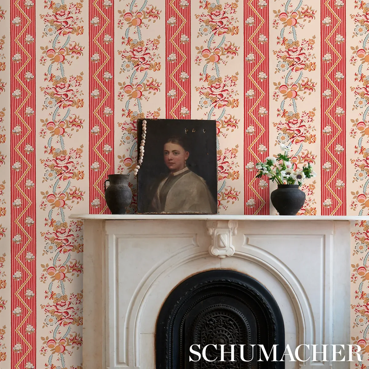 SYLVAIN FLORAL STRIPE ROUGE Schumacher Wallpaper wallpaper - SKU 5015541
